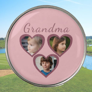 Grandma Pink Hearts 3 Grandchildren Photo Collage  Golf Ball Marker