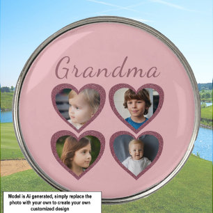 Grandma Pink Hearts 4 Grandchildren Photo Collage Golf Ball Marker