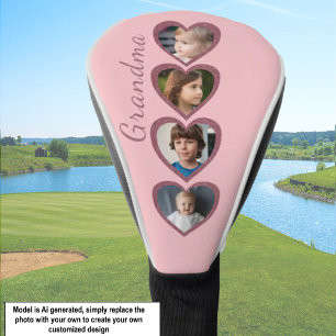 Grandma Pink Hearts Grandchildren Photo Collage Golf Head Cover