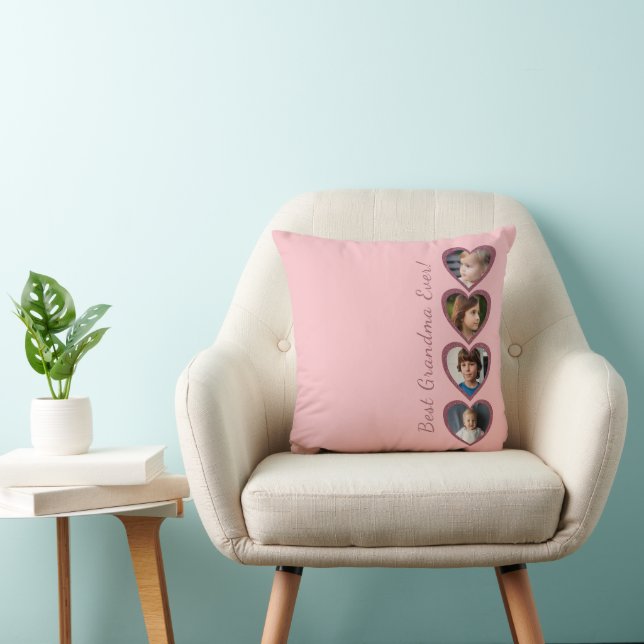 Grandma Pink Hearts Grandchildren Photo Collage  Throw Pillow (Chair)