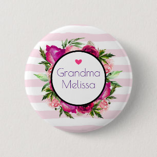 Grandma Pink Rose & Poppy Floral Bouquet Button