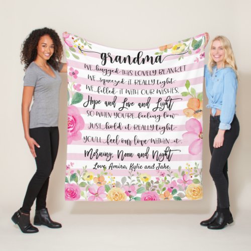 Grandma Poem Pink Flowers and Stripes Fleece Blanket