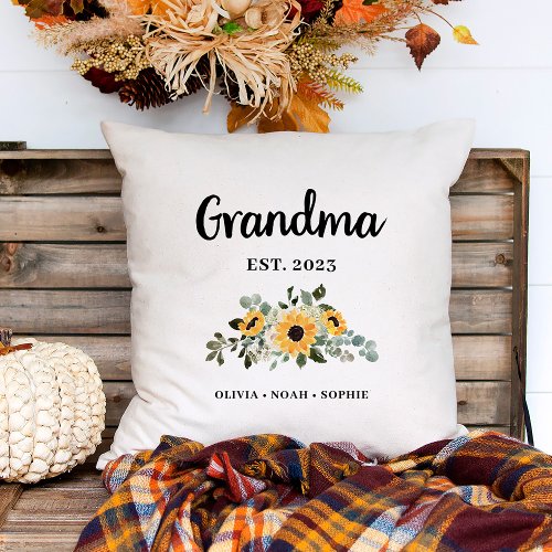 Grandma  Pretty Rustic Sunflower and Names Throw Pillow