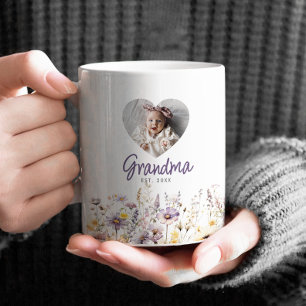 Grandma Purple Watercolor Wildflowers & Photo Gift Coffee Mug
