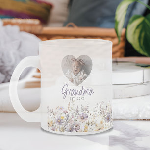 Grandma Purple Watercolor Wildflowers & Photo Gift Frosted Glass Coffee Mug