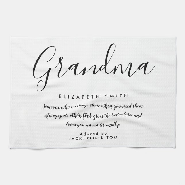 Grandma Quote Elegant Script Black and White Kitchen Towel (Horizontal)