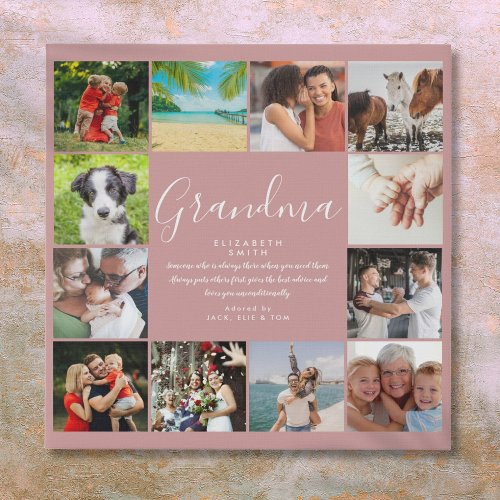 Grandma Quote Script 12 Photo Collage Dusty Rose Faux Canvas Print