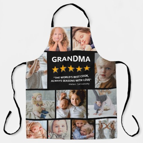 Grandma Review Photo Collage Apron - Create your own unique grandma apron featuring 11 photos for you to replace, the title "GRANDMA", with 5 out of 5 gold stars, an excellent review that reads "the world's best cook, always seasons with love", and the kids names. The title can be changed to grandpa, mom, dad or any other relative.