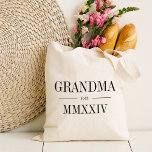 Grandma Roman Numeral Year Established Tote Bag<br><div class="desc">A modern minimalist tote bag to celebrate a chic grandma,  this clean minimal tote features "Grandma" or your choice of grandma nickname in black serif lettering. Customize with the year she became a grandmother beneath in elegant roman numerals for a chic touch.</div>