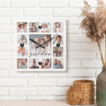 Grandma Script Family Memory Photo Grid Collage Square Wall Clock<br><div class="desc">A beautiful personalized gift for your grandma that she'll cherish for years to come. Features a modern thirteen photo grid collage layout to display 13 of your own special family photo memories. "Grandma" designed in a beautiful handwritten black script style. Each photo is framed with a simple gold-colored frame. Simple...</div>