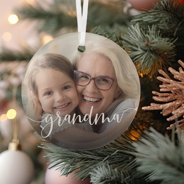 Grandma Script Overlay Glass Ornament (Creator Uploaded)