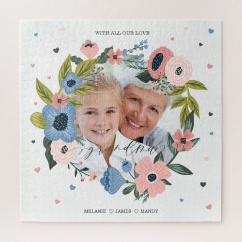 Grandma Script Typographic Floral Wreath  Photo Jigsaw Puzzle