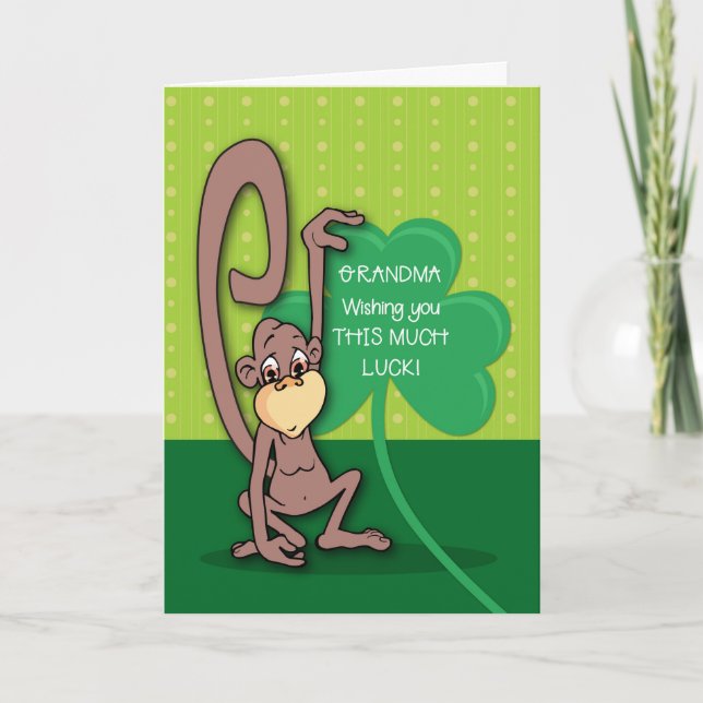 Grandma, St. Patrick's Day Monkey with Shamrock Card (Front)