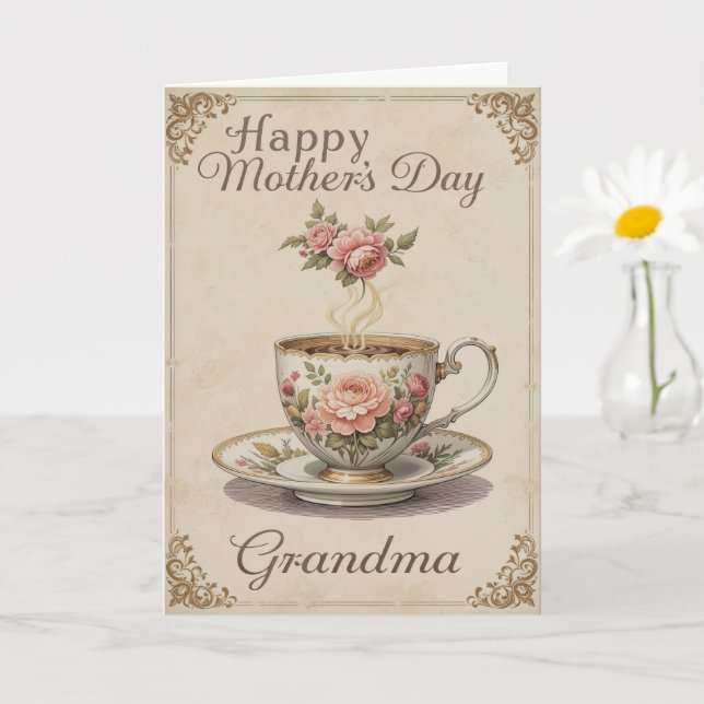 Grandma Tea Cup Mothers Day Vintage Elegance Card (Small Plant)