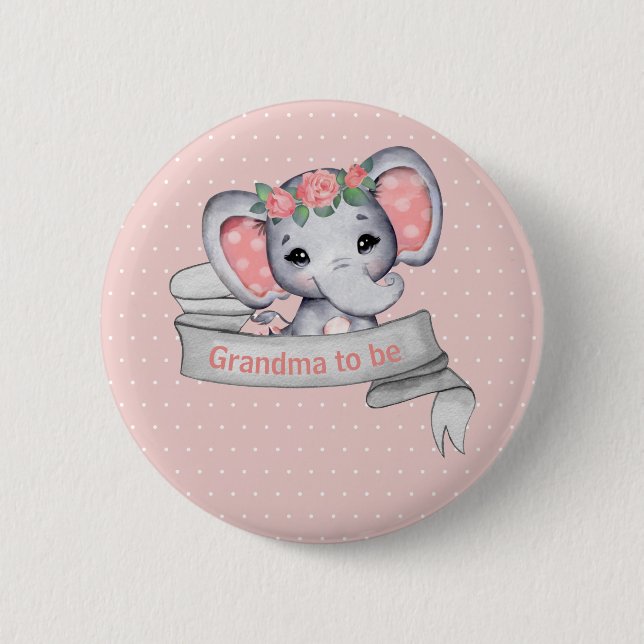 Grandma to be Baby Girl Shower Cute Elephant Pink Button (Front)