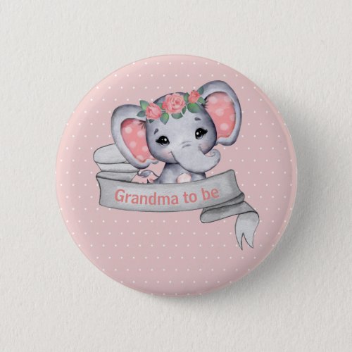 Grandma to be Baby Girl Shower Cute Elephant Pink Button