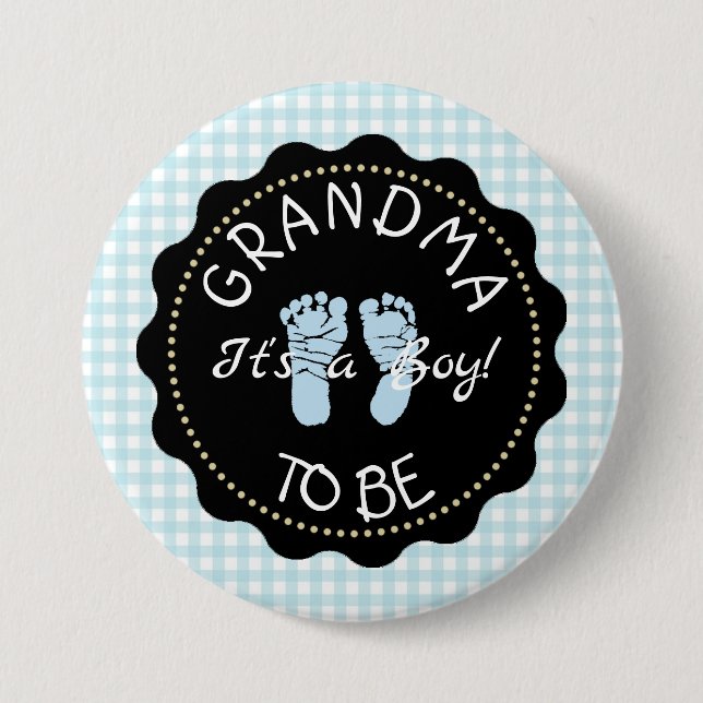 GRANDMA  to be  Blue Gingham  Baby Shower button (Front)
