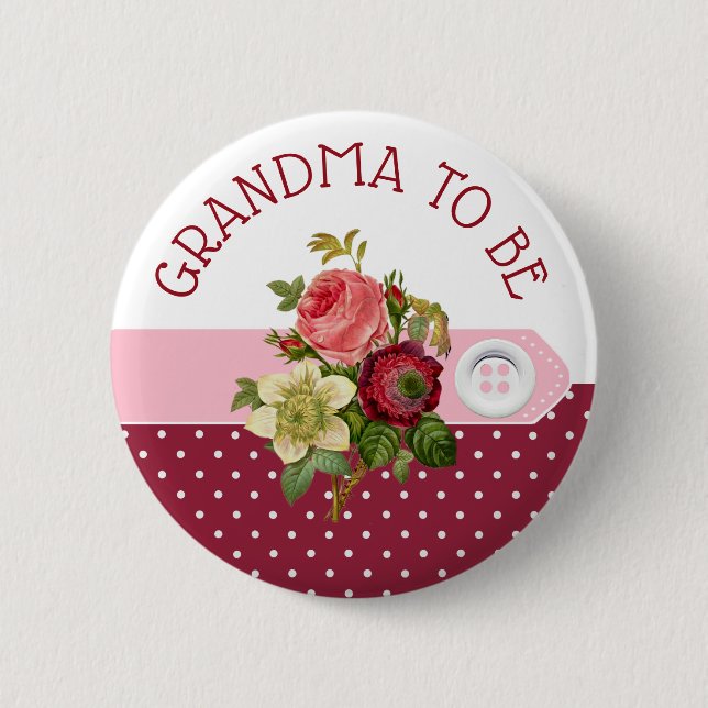 Grandma to be Burgundy  Roses Baby Shower Button (Front)
