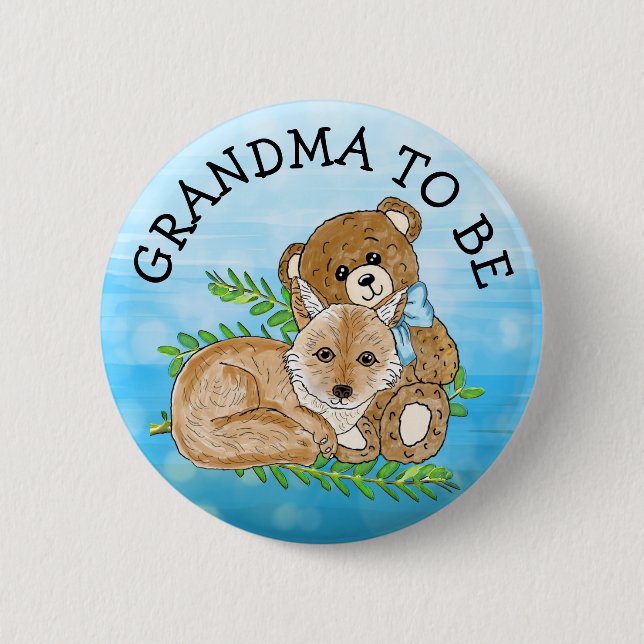 Grandma to be Fox and Teddy Bear Baby Shower   Button (Front)