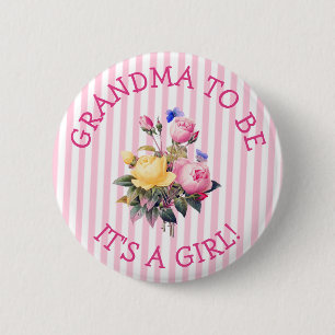 GRANDMA  to be  Pink Flowers Baby Shower Button