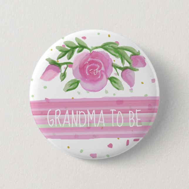 Grandma To Be Watercolor Pink Roses Baby Shower Button (Front)