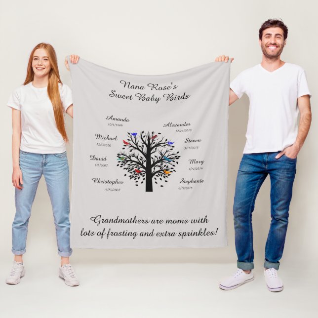 Grandma Tree, 8 Names & Dates, black on gray Fleece Blanket (In Situ)
