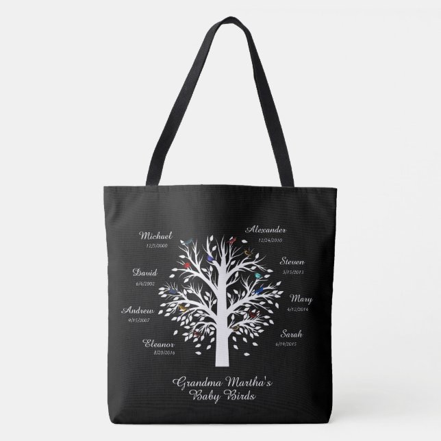 Grandma Tree (birds) custom names/dates Tote Bag (Front)