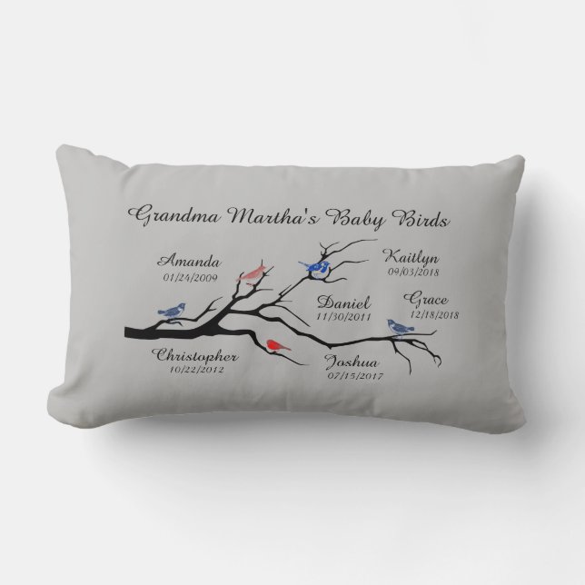 Grandma Tree (birds), customize with 6 names/dates Lumbar Pillow (Front)