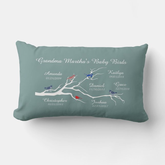 Grandma Tree (birds), customize with 6 names/dates Lumbar Pillow (Front)
