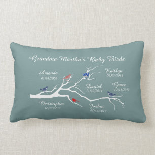 Grandma Tree (birds), customize with 6 names/dates Lumbar Pillow