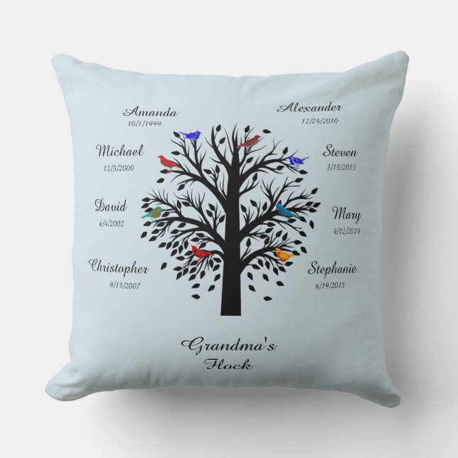 Grandma Tree, Black on Pale Gray, 8 Names & Dates Throw Pillow (Front)