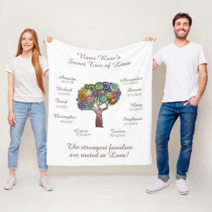 Grandma Tree floral, Brown on White 10 Names/Dates Fleece Blanket