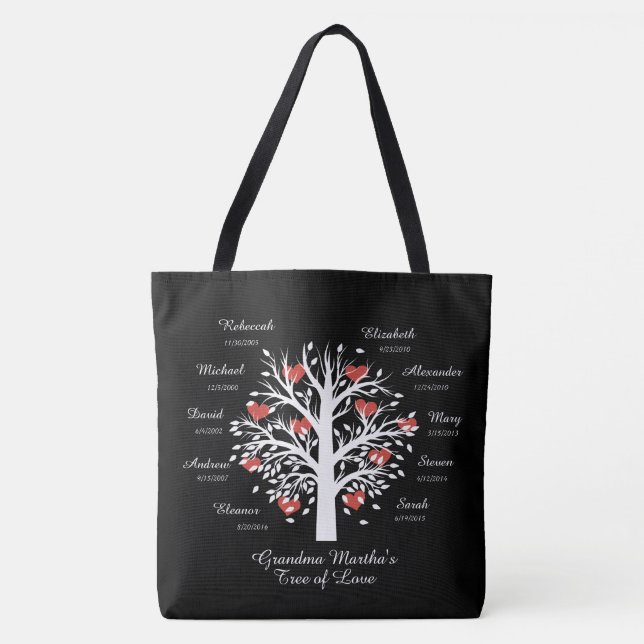 Grandma Tree (hearts)  10 names/birthdays Tote Bag (Front)