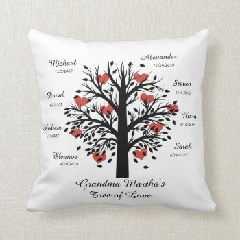 Grandma Tree (hearts) Black On White 8 Names/dates Throw Pillow by PicturesByDesign at Zazzle