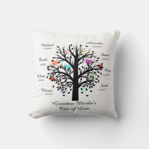 Grandma Tree (hearts) Black on White 8 Names/Dates Throw Pillow