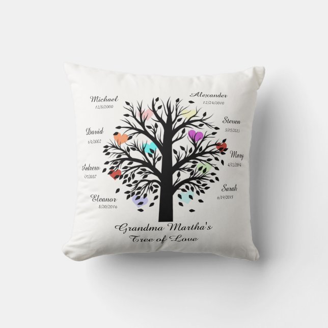 Grandma Tree (hearts) Black on White 8 Names/Dates Throw Pillow (Front)