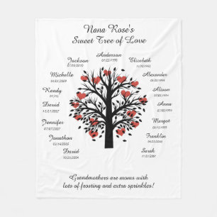 Grandma Tree (hearts), Black/White, 15 Names/Dates Fleece Blanket