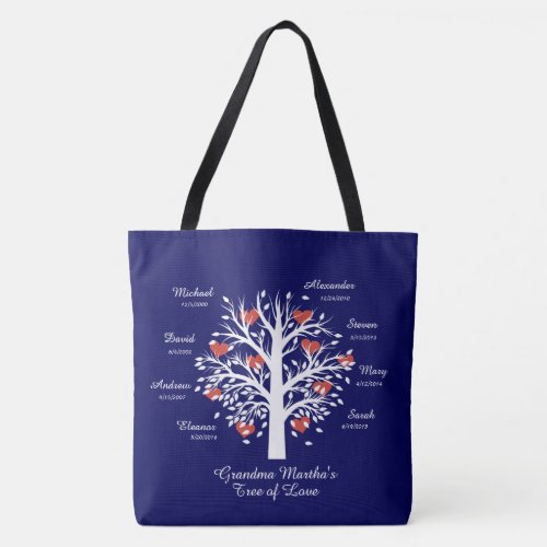 Grandma Tree hearts custom namesdates Tote Bag