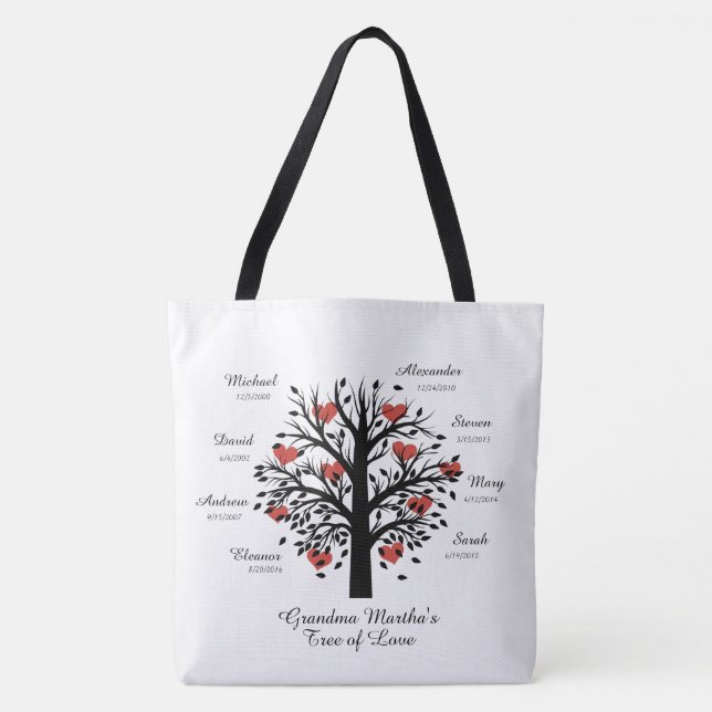 Grandma Tree (hearts) custom names/dates Tote Bag (Front)