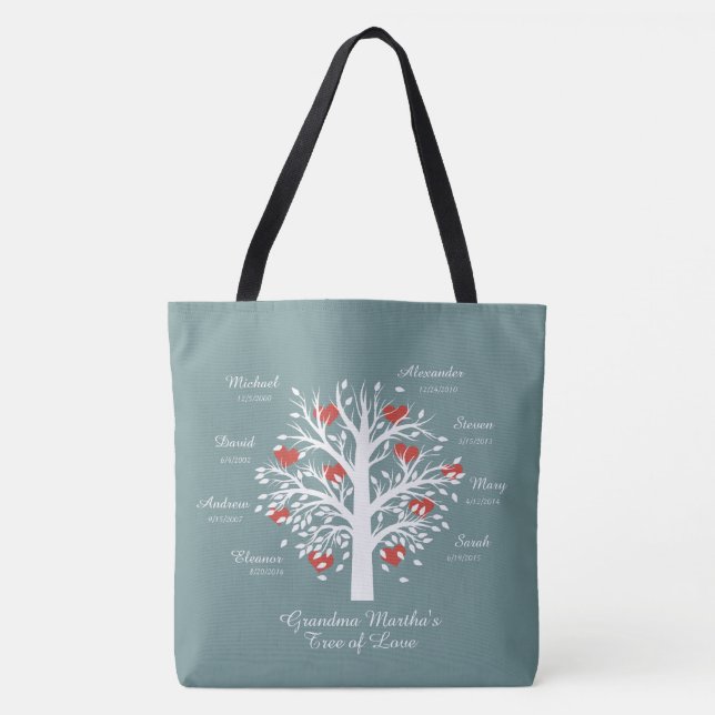 Grandma Tree (hearts) custom names/dates Tote Bag (Front)
