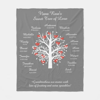 Grandma Tree (hearts), White/Gray, 15 Names/Dates Fleece Blanket