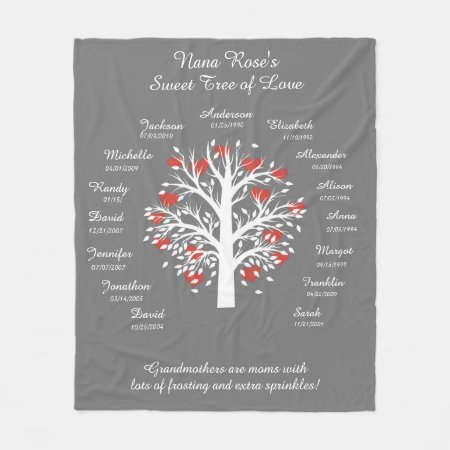 Grandma Tree (hearts), White/gray, 15 Names/dates Fleece Blanket