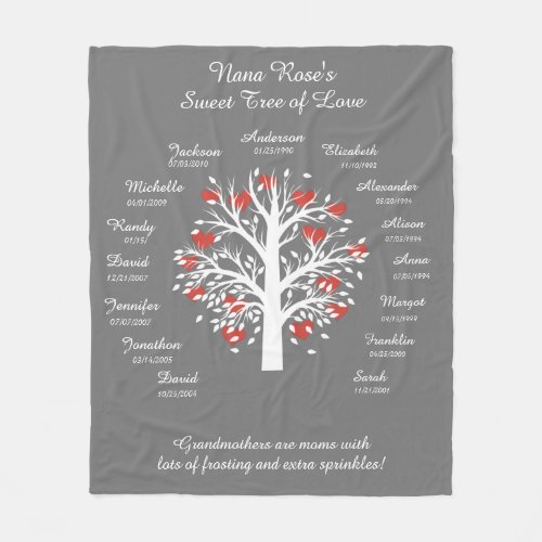 Grandma Tree hearts WhiteGray 15 NamesDates Fleece Blanket