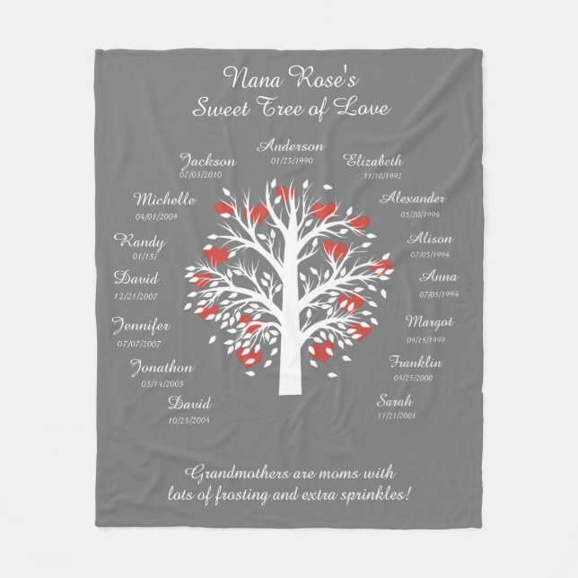 Grandma Tree (hearts), White/Gray, 15 Names/Dates Fleece Blanket (Front)