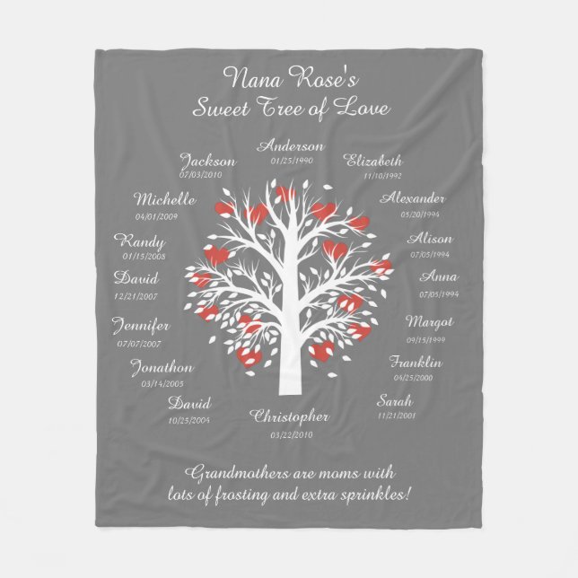 Grandma Tree (hearts), White/Gray, 16 Names/Dates Fleece Blanket (Front)