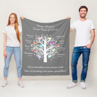 Grandma Tree (hearts), White/Gray 8 Names & Dates Fleece Blanket