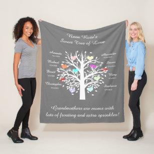 Grandma Tree (hearts), White/Gray 8 Names & Dates Fleece Blanket