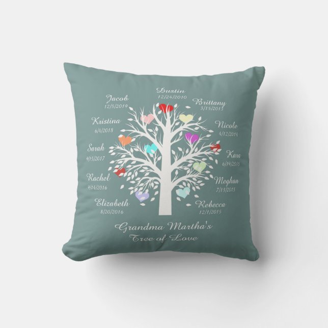 Grandma Tree (hearts) White on Blue 11 Names/Dates Throw Pillow (Front)