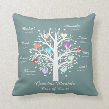 Grandma Tree (hearts) White On Blue  8 Names/dates Throw Pillow by PicturesByDesign at Zazzle