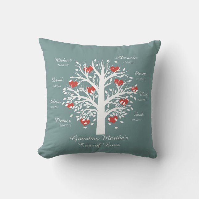 Grandma Tree (hearts) White on Blue, 8 Names/Dates Throw Pillow (Front)
